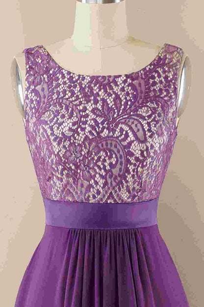 Purple Round neck Lace Jewel Sleeveless Tiered Pleats Bridesmaid Dress ﻿