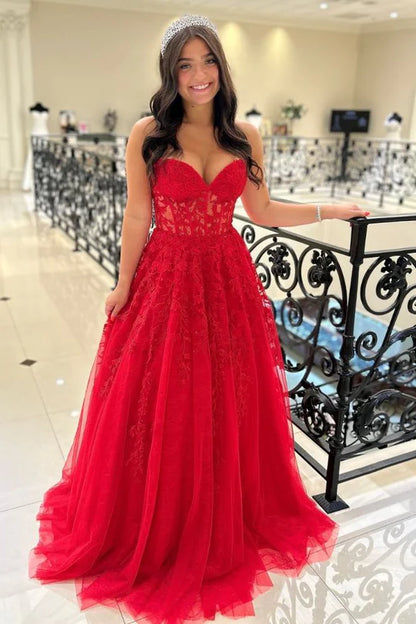 Strapless Applique A-Line Tulle Prom Dress