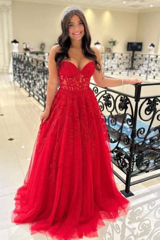 Strapless Applique A-Line Tulle Prom Dress