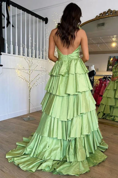 Halter Ruffle A-Line Long Prom Dress with Slit