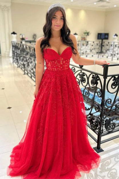 Strapless Applique A-Line Tulle Prom Dress