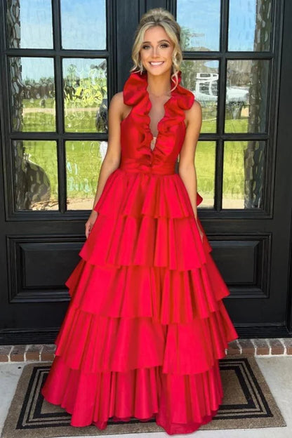Halter Ruffle A-Line Long Prom Dress with Slit