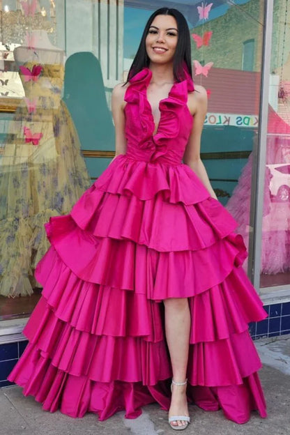 Halter Ruffle A-Line Long Prom Dress with Slit