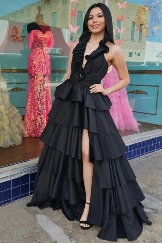 Halter Ruffle A-Line Long Prom Dress with Slit