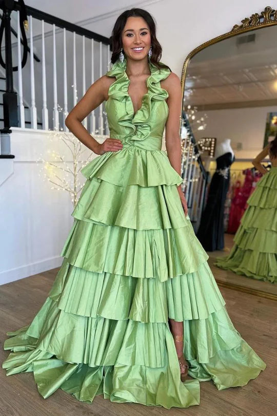 Halter Ruffle A-Line Long Prom Dress with Slit