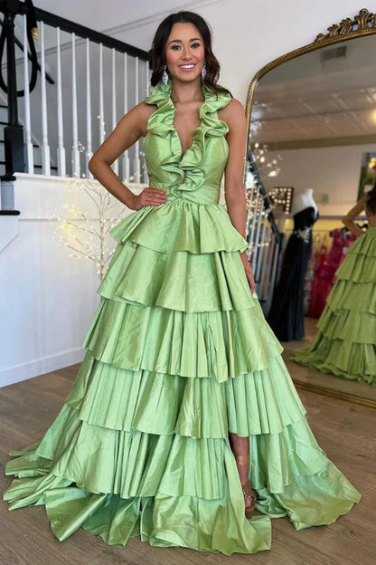Halter Ruffle A-Line Long Prom Dress with Slit