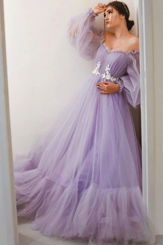 Off-the-Shoulder A-line Long Tulle Dress