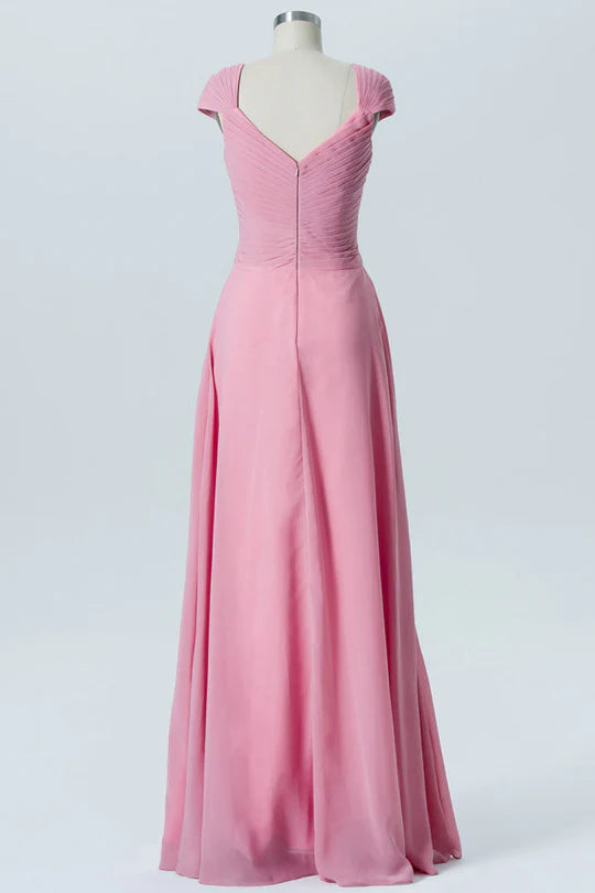 Pink Sweetheart square neck Cap Sleeve Chiffon Bridesmaid Dress