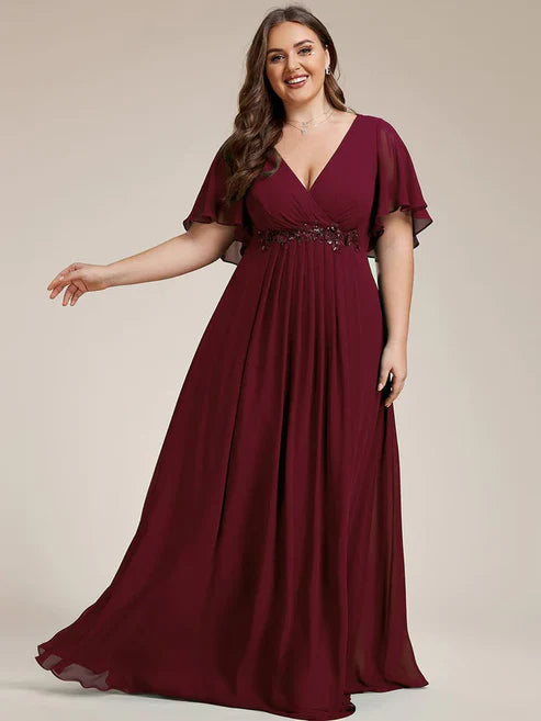 Plus Size Floral Applique Short Sleeve A-Line Chiffon Evening Dress/Prom Dresses Charming Party Dresses