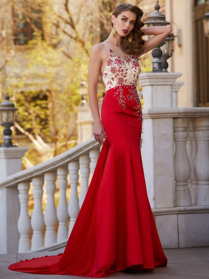 Trumpet/Mermaid Sheer Neck Sleeveless Court Train Applique Satin Party Dresses Formal Dresses