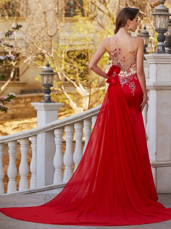 Trumpet/Mermaid Sheer Neck Sleeveless Court Train Applique Satin Party Dresses Formal Dresses