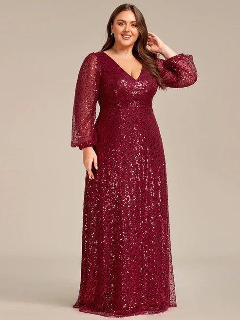 Plus Size V-Neck Lantern Long Sleeve Sequin A-Line Evening Dress/Prom Dresses Party Dresses