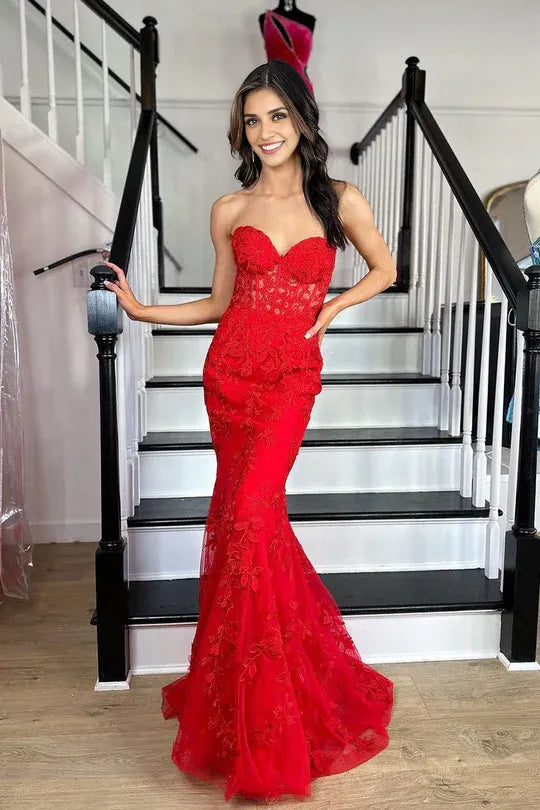 Cute Mermaid Off-the-Shoulder Sweetheart Red Applique Lace Slim-fit Prom Dresses