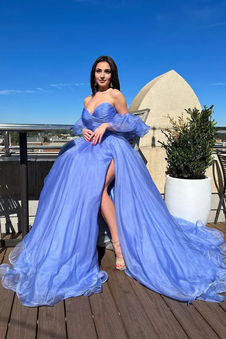 Charming Sweetheart Blue Off-the-Shoulder Organza Prom Dresses with Slit