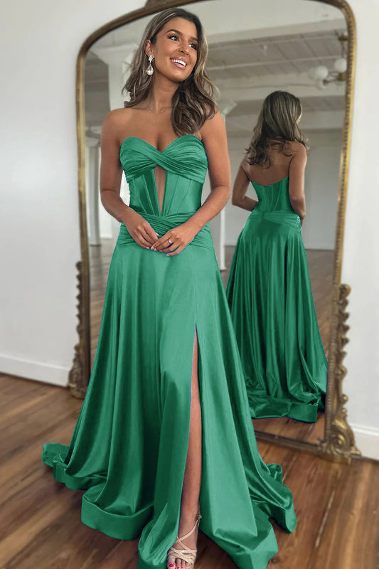Hunter Green Sweetheart Zipper Back A-Line Off-the-Shoulder Long Satin Prom Dress With Split