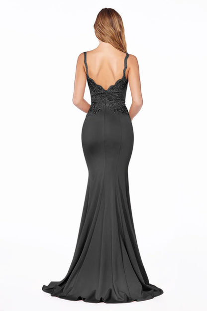 Evening Dress Fitted Lace Bodice Gown Deep Plunging Neckline Open Back Leg Slit Floor Length Black Formal Dress Wedding Guest Dress