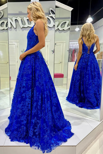 Sequin Lace V-Neck A-Line Long Prom Dress