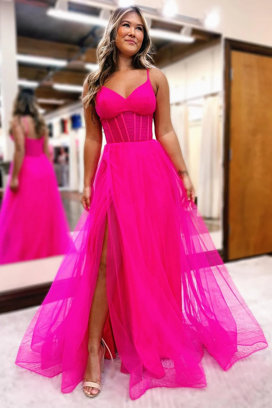 V-Neck Sheer Bodice A-Line Long Prom Dress with Slit