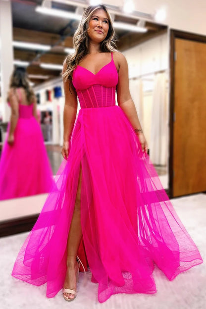 V-Neck Sheer Bodice A-Line Long Prom Dress with Slit
