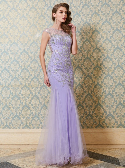 Trumpet/Mermaid Scoop Sleeveless Beading Floor-length Tulle Party Dresses Formal Dresses