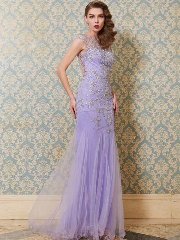 Trumpet/Mermaid Scoop Sleeveless Beading Floor-length Tulle Party Dresses Formal Dresses