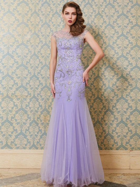 Trumpet/Mermaid Scoop Sleeveless Beading Floor-length Tulle Party Dresses Formal Dresses