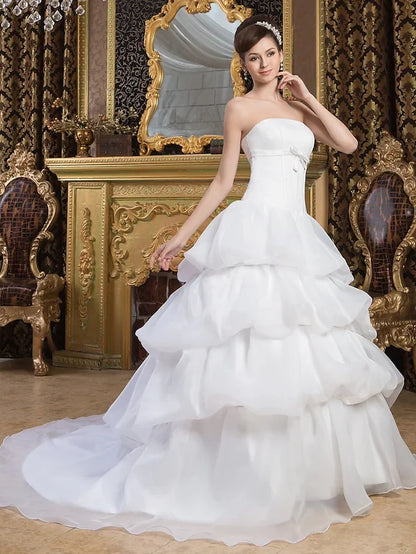 Ball Gown Wedding Dresses Strapless Court Train Organza Satin Strapless with Pick Up Skirt Bow(s)