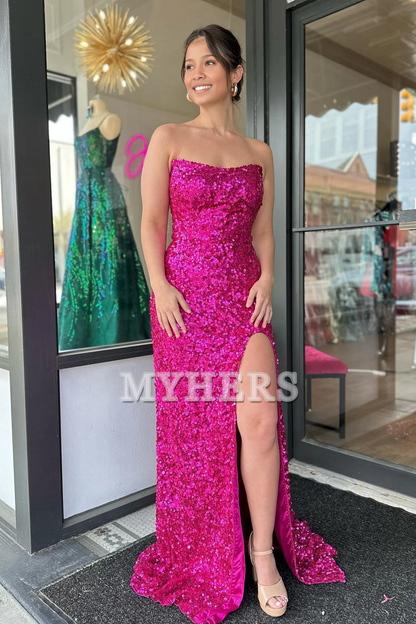 Formal Women's Dresses Wedding Guest Dresses Strapless Sequins Long Prom Dress Side Fork Sparkle Charming Evening Dress