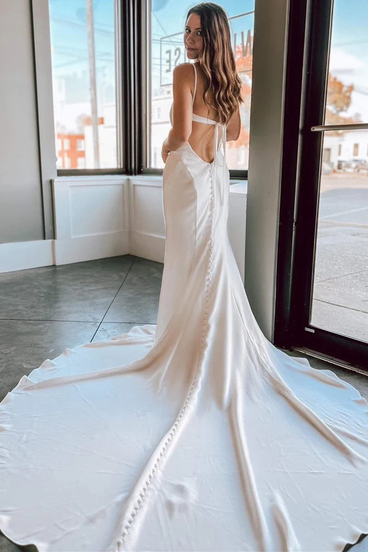White Satin V-Neck Spaghetti Strap Lace-Up Back  Backless Mermaid Slim-fit Long Wedding Dress