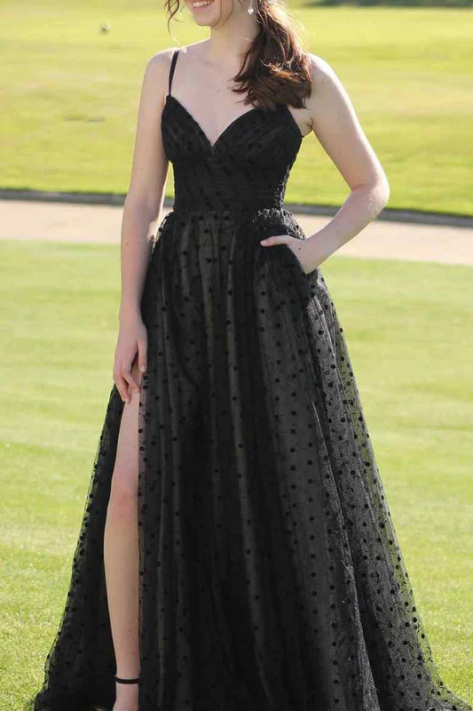 A-line V-Neck Spaghetti Strap Split Fork Tulle Long Formal Dress