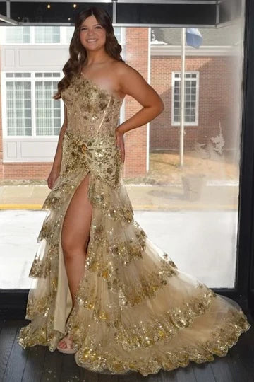 One-Shoulder Sequin-Embroidery Tiered Long Prom Dress with Slit