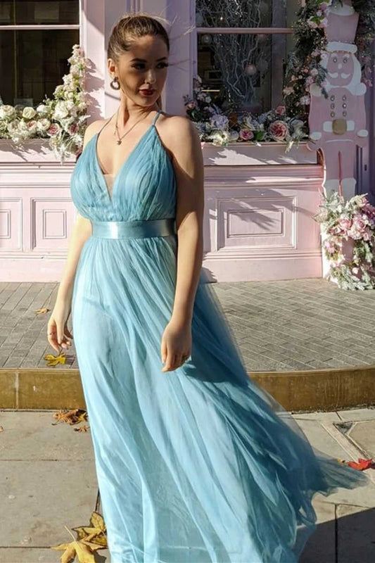 Tulle V-Neck Backless Bridesmaid Dress