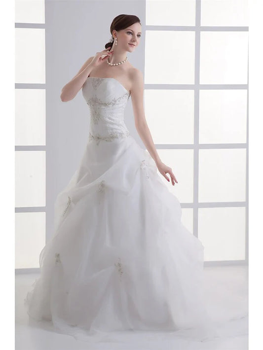 A-Line Wedding Dresses Strapless Court Train Organza Satin Strapless with Pick Up Skirt Ruched Beading