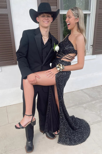 Sequin One-Shoulder Keyhole Lace-Up Long Prom Dress