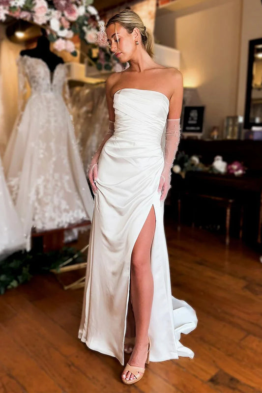 Mermaid Strapless Off-the-Shoulder Pleats White Satin Wedding Dresses with Slit