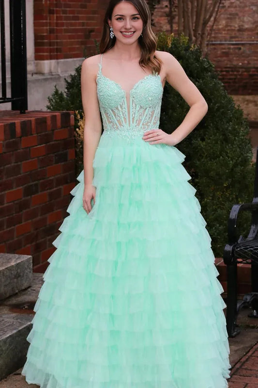 Cute A Line V Neck Spaghetti Strap Mint Tulle Lace-Up Back  Tiered Prom Dress