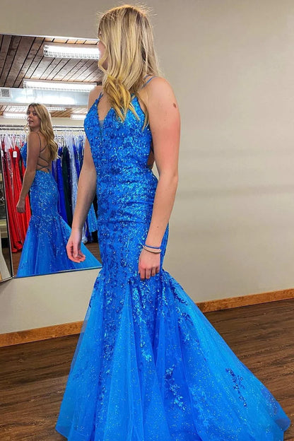 Appliques Lace-Up Back Trumpet Long Prom Dress