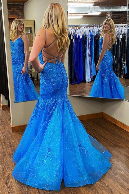 Appliques Lace-Up Back Trumpet Long Prom Dress