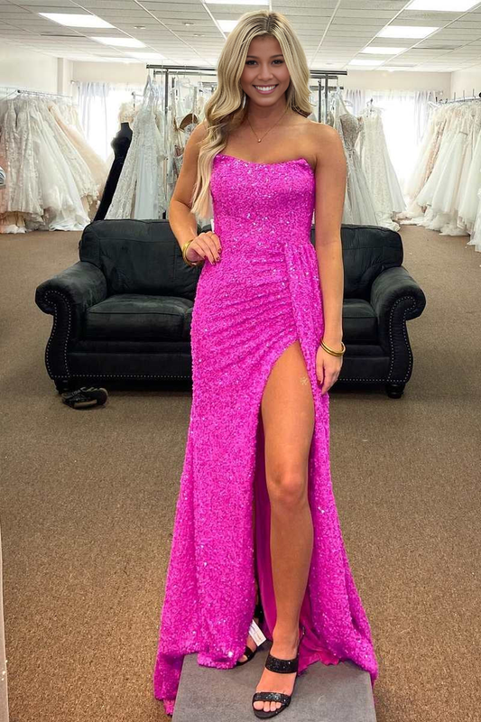 Formal Women's Dresses Wedding Guest Dresses Mermaid Strapless Sequins Lace-Up Long Prom Dress Backless Side Fork Sparkle Evening Dress