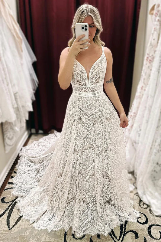 Bohemain A Line V Neck Spaghetti Strap Lace Backless Wedding Dresses