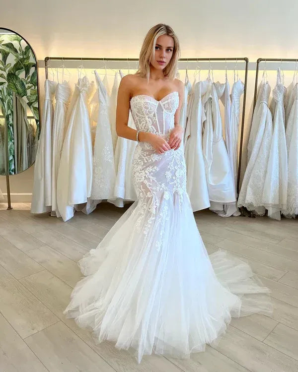 Mermaid Sweetheart Off-the-Shoulder Tulle Slim-fit White Wedding Dress