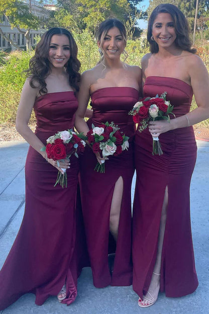 Burgundy Satin Strapless Off-the-Shoulder Long Bridesmaid Dress with Slit