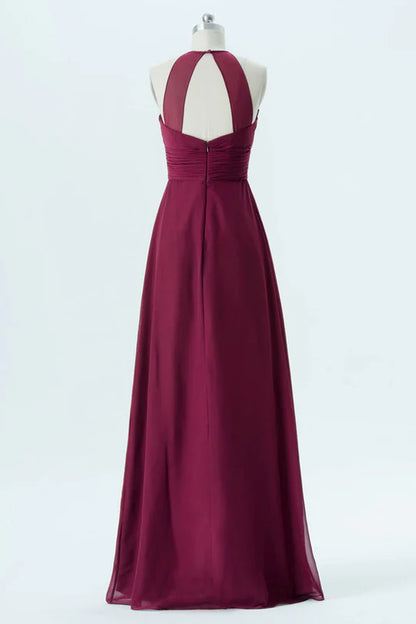 Burgundy Halter Open Back Cutout Sleeveless Long Bridesmaid Dress