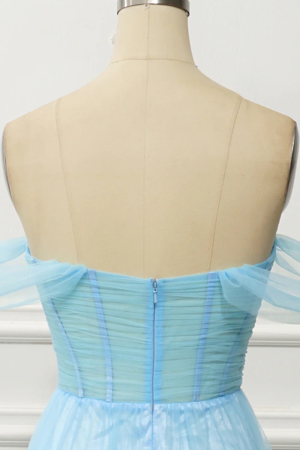 Blue Off the Shoulder A Line Corset Pleats Floor-Length Prom Dress with Slit