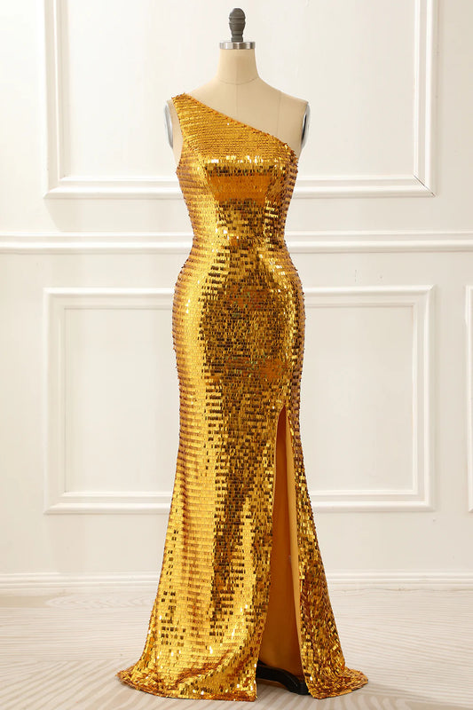 One Shoulder Gold Sparkly Slim-fit Wrap The Buttocks Prom Dress with Slit