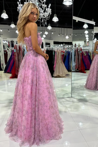 Print Strapless Ruffle A-Line Long Prom Dress