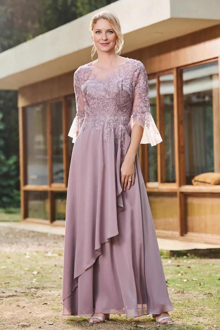 My Hers New Product Mother of The Bride Dress Ruffles Illusion Neck Lace Applique Chiffon Dress Elegant Wedding Guests Dresses