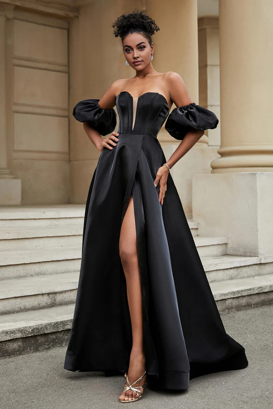 Formal Women's Dresses Strapless A-Line Strapless Dress Backless Ruched Side Fork Sweep Train Senior Evening Dress