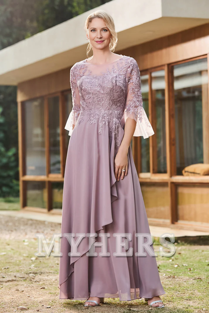 My Hers New Product Mother of The Bride Dress Ruffles Illusion Neck Lace Applique Chiffon Dress Elegant Wedding Guests Dresses