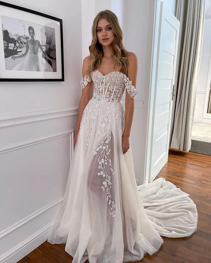 Charming A Line Off-the-Shoulder Sweetheart Sparkly Beading Lace Wedding Dresses with Slit